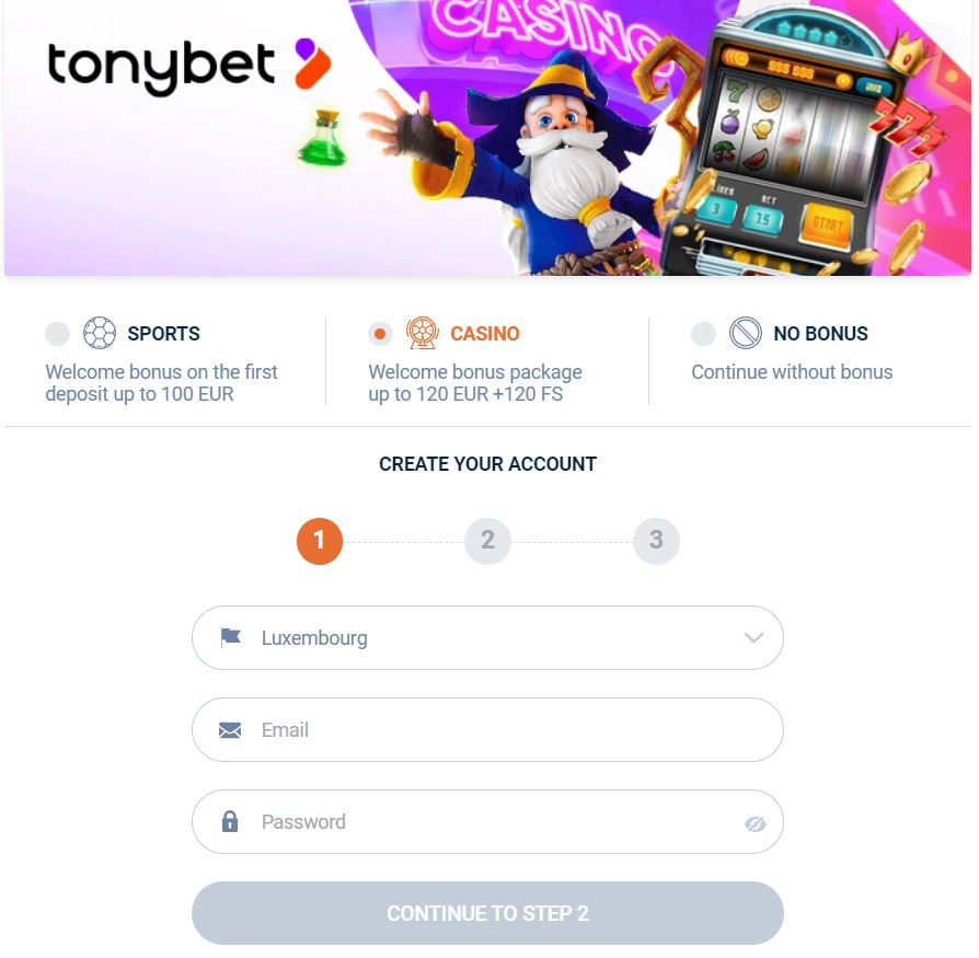 Tonybet sign-up step 1