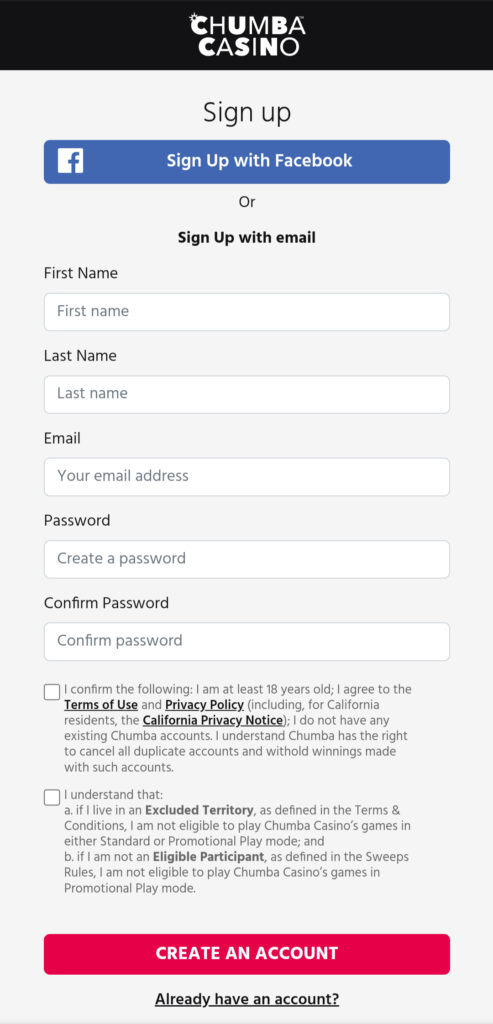Chumba Casino sign-up page